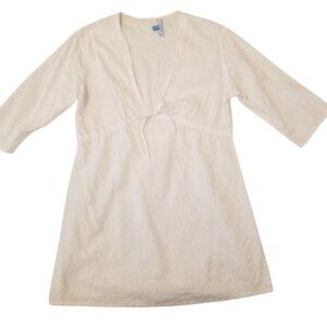 100% Cotton Resort Wear White Floral Textured Bikini Coverup Dress Women Medium